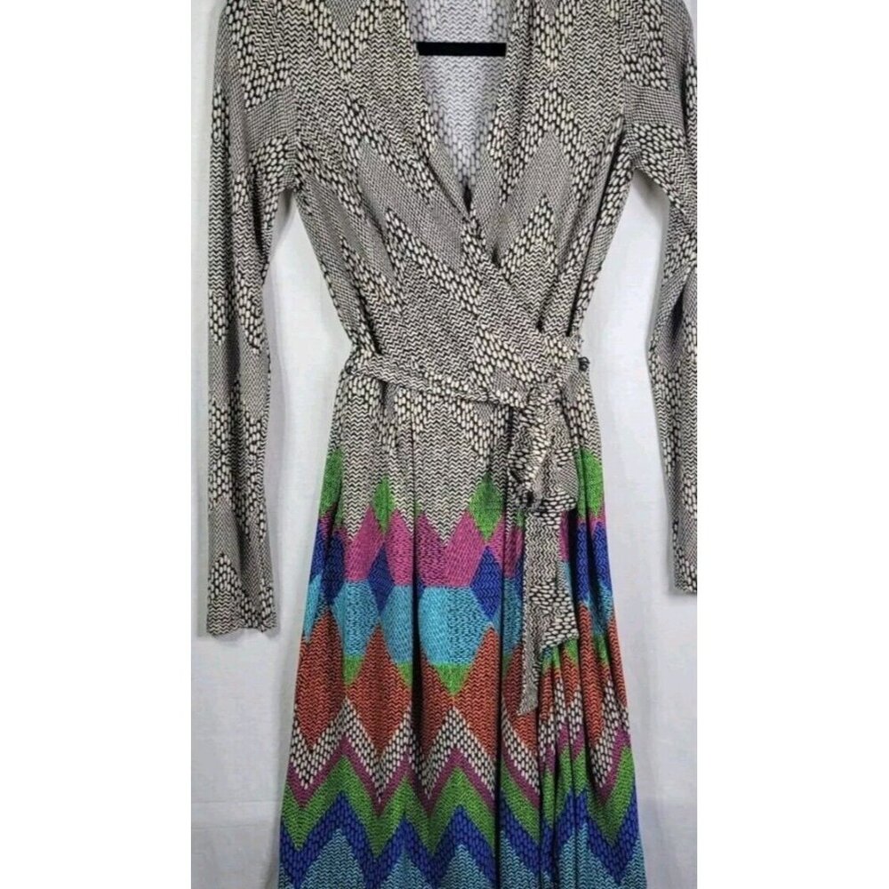 Maggy London Sz12 Geometric Chevron Multicolor Sleeve Jersey Knit Wrap Dress VTG